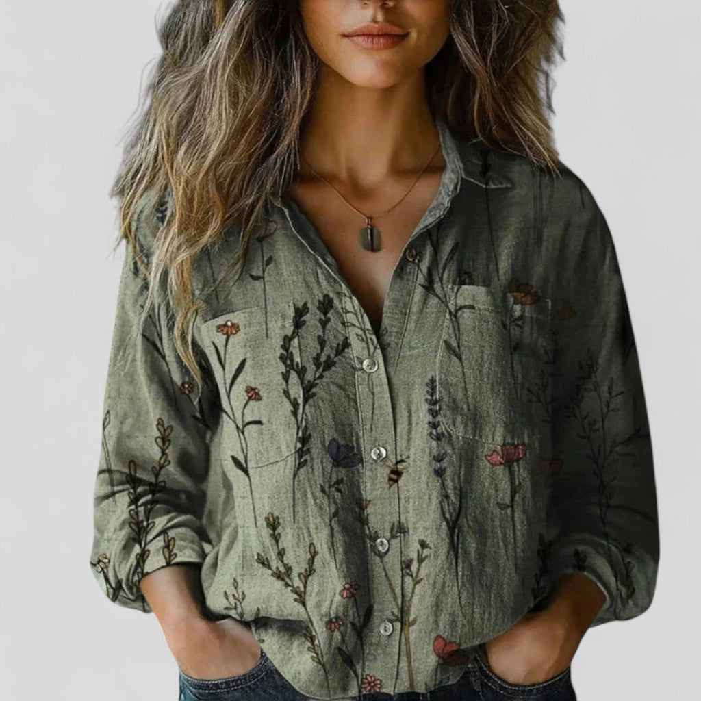 Olive green floral print blouse shirt with button front and long sleeves