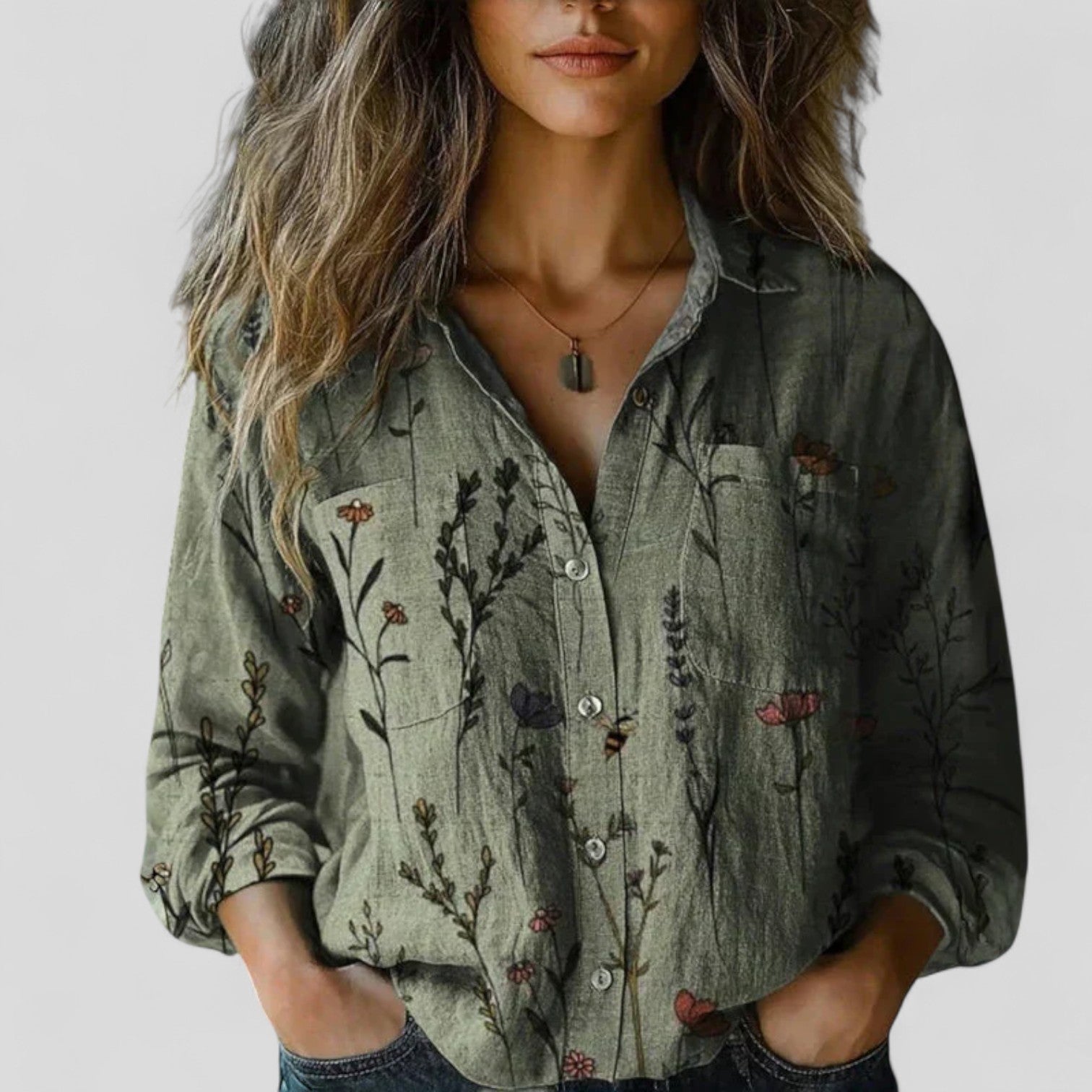 Olive green floral print blouse shirt with button front and long sleeves