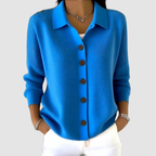 Women’s button-up V-neck knit cardigan with lapel collar, long sleeves, royal blue
