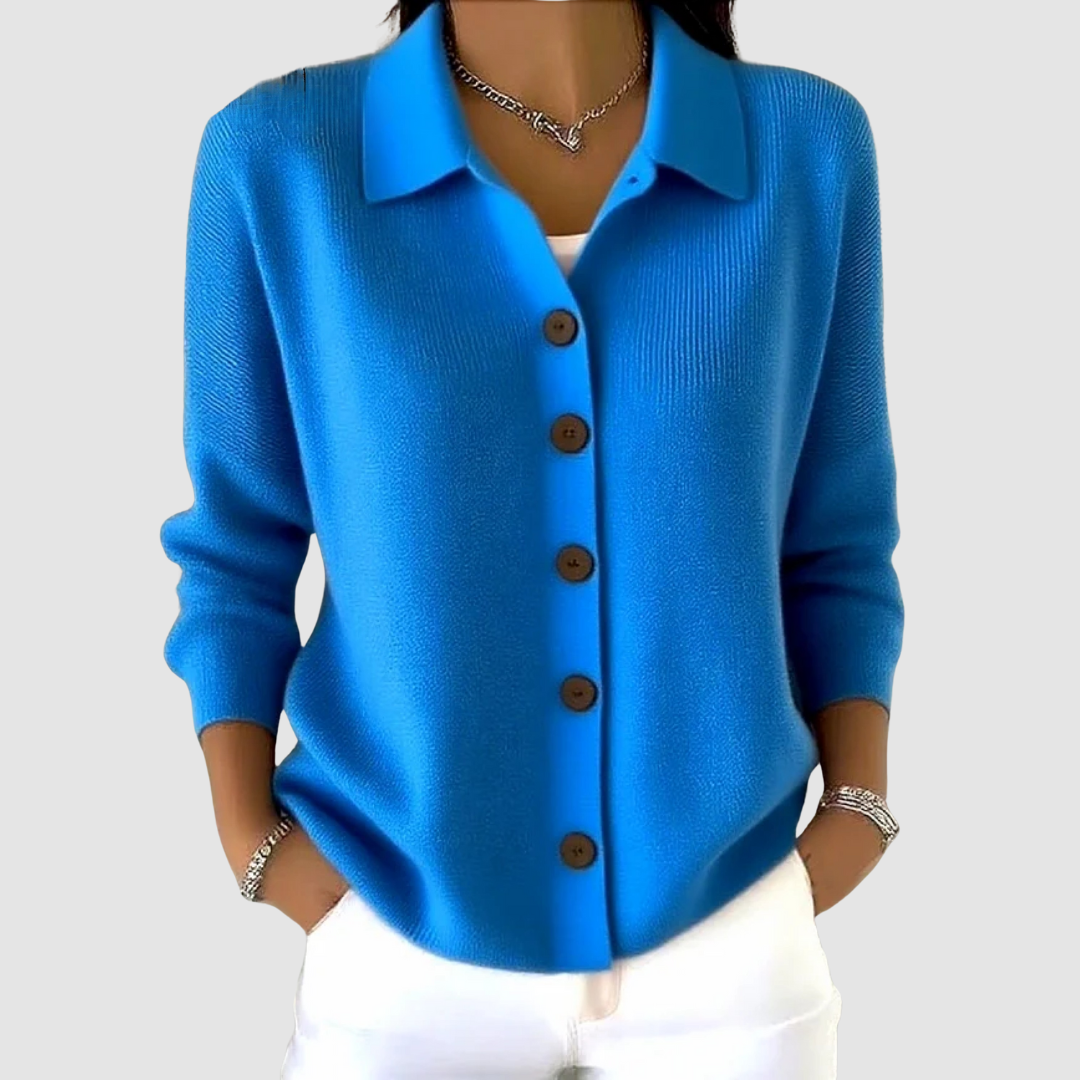 Women’s button-up V-neck knit cardigan with lapel collar, long sleeves, royal blue