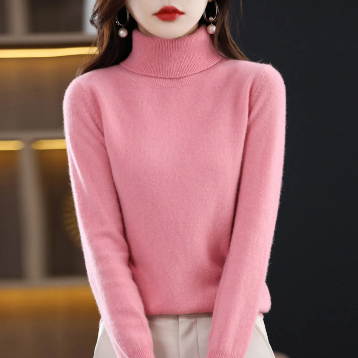 Mauve soft knit turtleneck sweater, long sleeves, regular fit