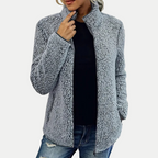 Light gray textured fleece full-zip jacket with stand collar and long sleeves