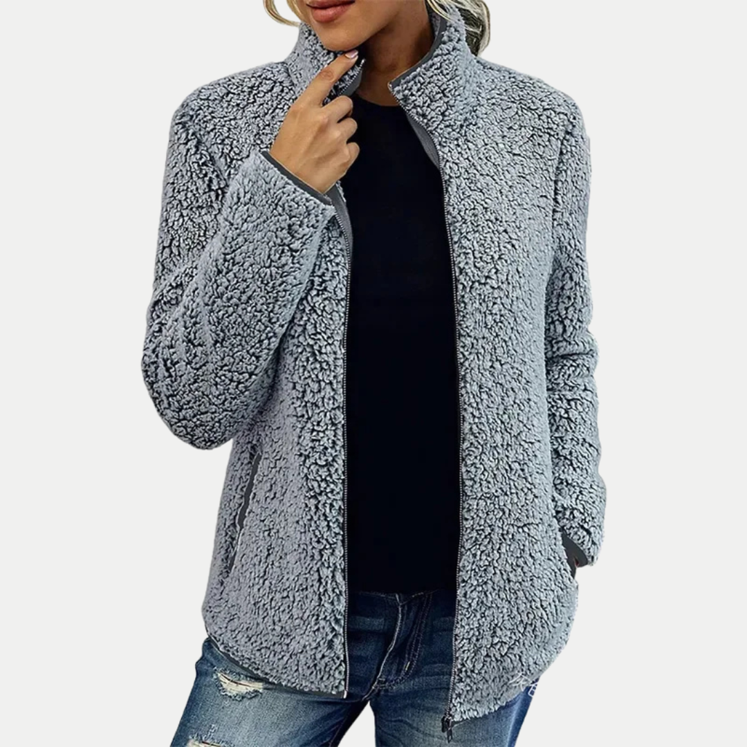 Light gray textured fleece full-zip jacket with stand collar and long sleeves