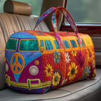 Quilted travel bag with rainbow panels, flower embroidery, and peace sign front patch
