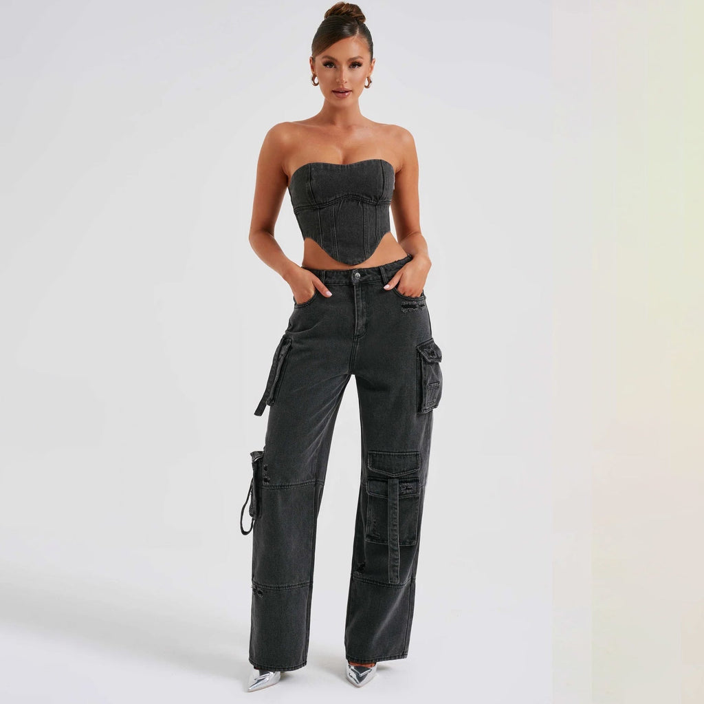 Black high-waist cargo jeans with relaxed fit and drawstring cord side pockets.