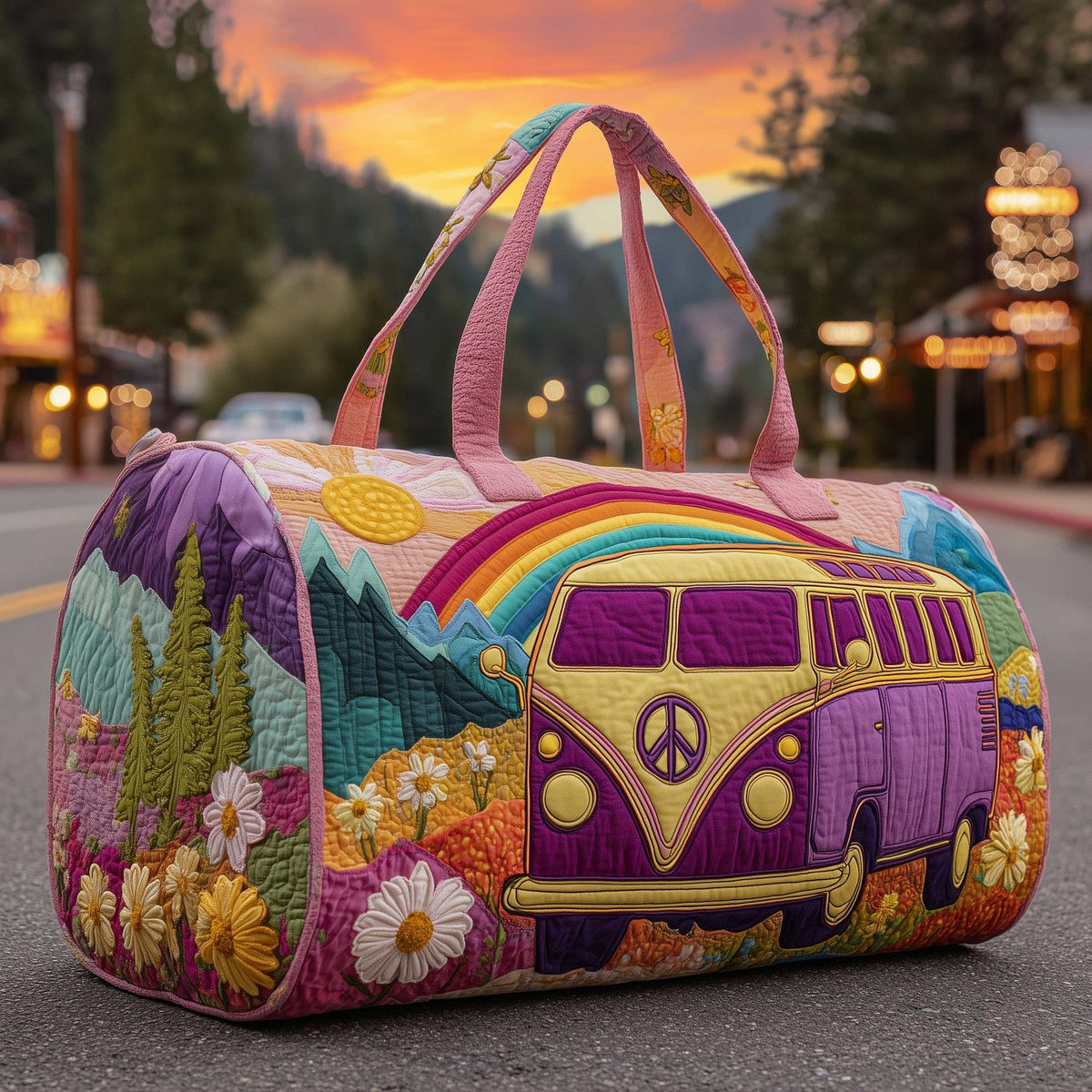 Quilted padded travel bag with purple camper artwork, flowers, and peace sign emblem