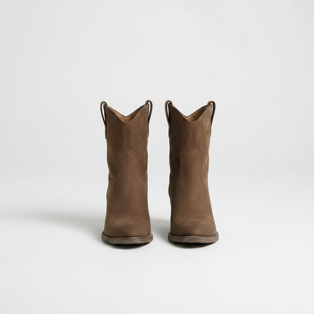 Tan suede ankle boots with pointed toe and block heel, pull-on style