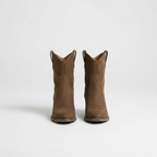 Tan suede ankle boots with pointed toe and block heel, pull-on style
