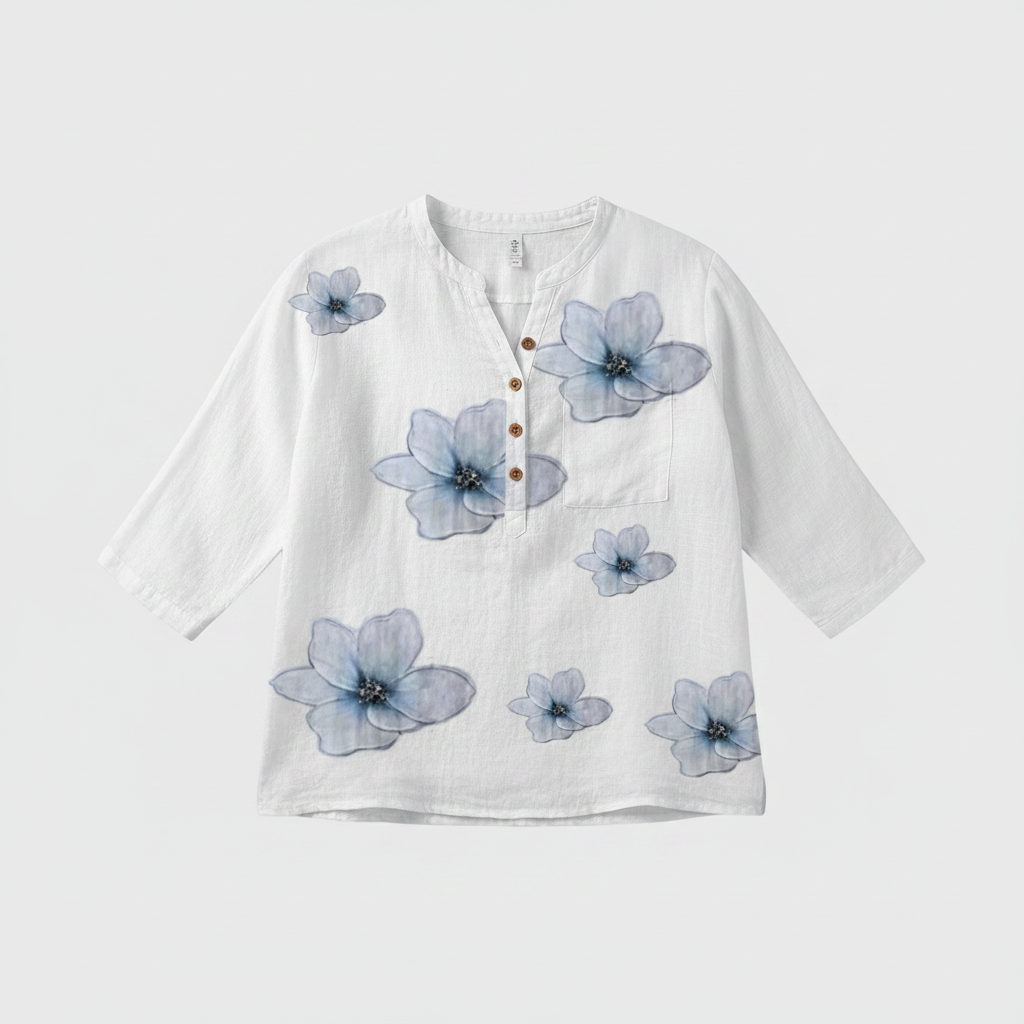 Women's Floral Print Button Front V-Neck Blouse with 3/4 Sleeves