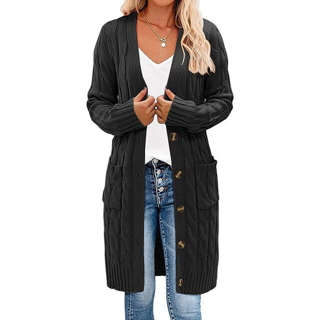 Black long knitted vest with button front and patch pockets