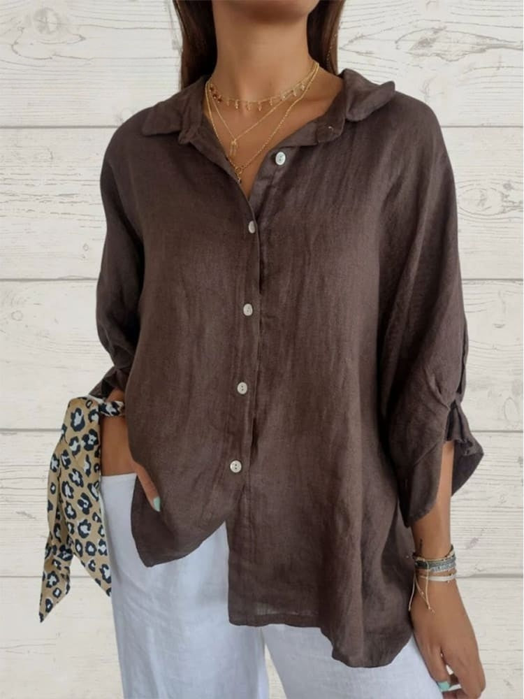 Brown relaxed button-front blouse with point collar and rolled sleeves