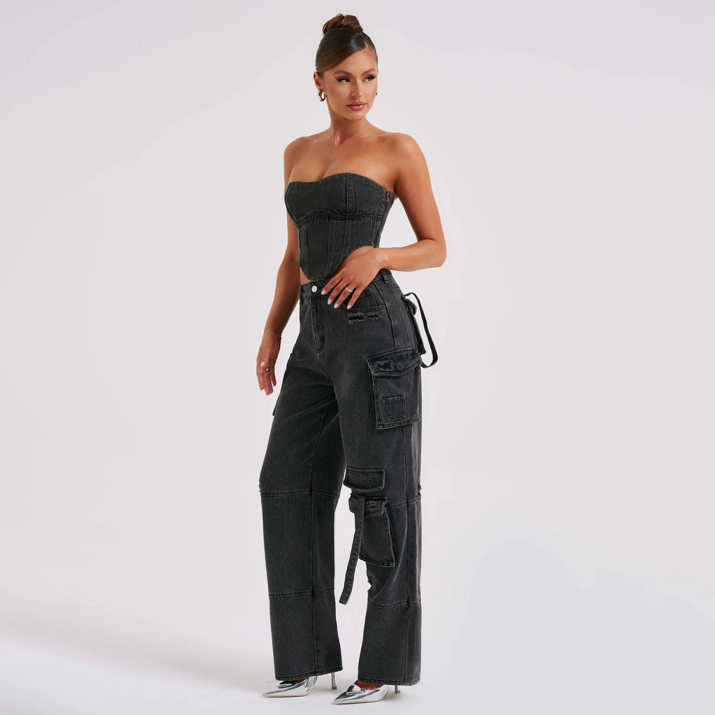 Black high-waist cargo jeans with relaxed fit and multiple leg utility pockets.
