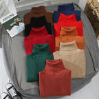Folded turtleneck sweaters in brown, teal, red, green, tan, and rust orange tones.