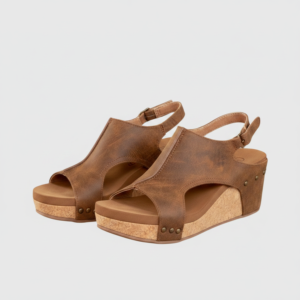 Brown open-toe wedge sandals with cushioned platform and open toe