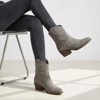 Gray suede ankle boots with pointed toe, block heel, pull-on elastic panels