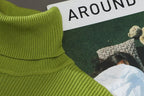 Lime green turtleneck collar close-up with ribbed knit and smooth seam lines.