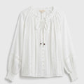 White boho V-neck relaxed blouse with lace trim, long sleeves, button front