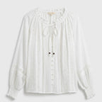 White boho V-neck relaxed blouse with lace trim, long sleeves, button front