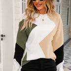 Women’s patchwork sweater with round neck, cream white with green and dark accents