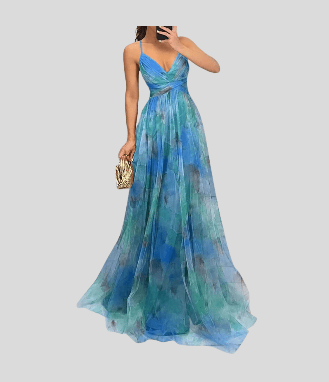 Floral maxi dress with ruffled straps, square neckline, blue and teal floral ombre print.