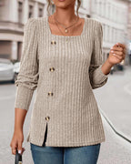 Knitted women’s top with buttons, square neckline, 3/4 sleeves, front slit detail, light brown