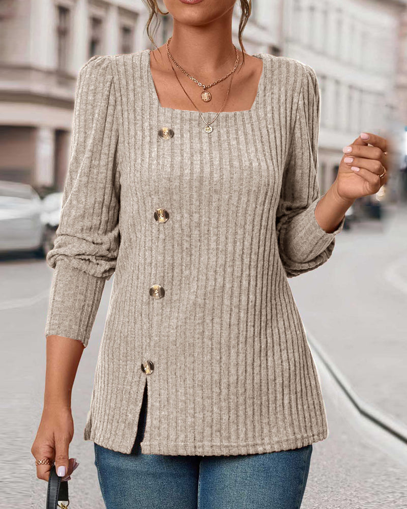 Knitted women’s top with buttons, square neckline, 3/4 sleeves, front slit detail, light brown
