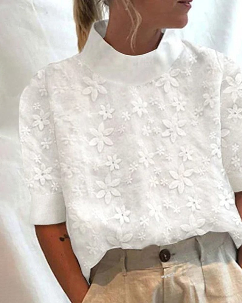 White floral embroidered high-neck short-sleeve blouse