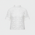 White floral embroidered high-neck blouse with short sleeves, front view
