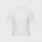 White floral embroidered high-neck blouse with short sleeves, front view