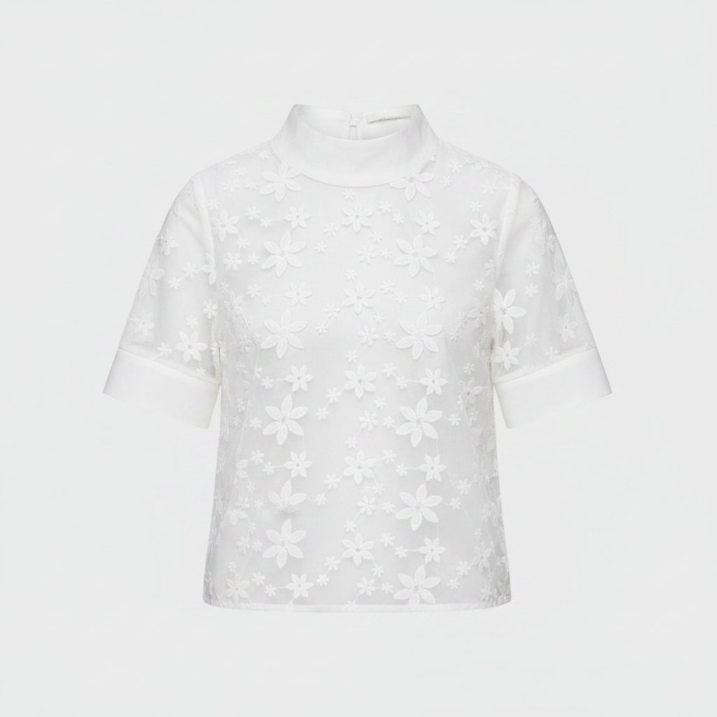 White floral embroidered high-neck blouse with short sleeves, front view
