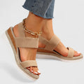 Beige two-strap platform sandals with open toe and gold chain ankle detail