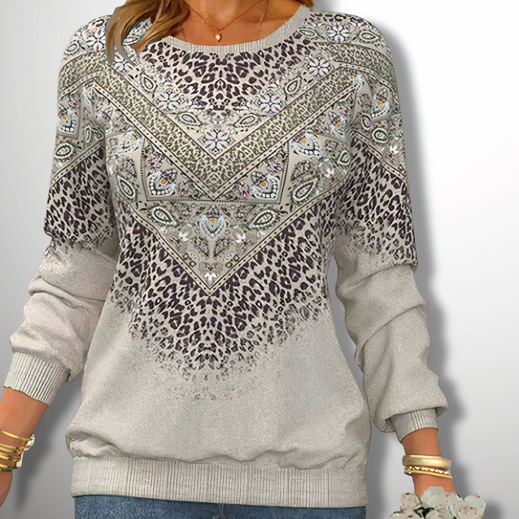 Light gray leopard print pullover sweater, crew neck, long sleeves, bandana graphic