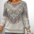 Light gray leopard print pullover sweater, crew neck, long sleeves, bandana graphic