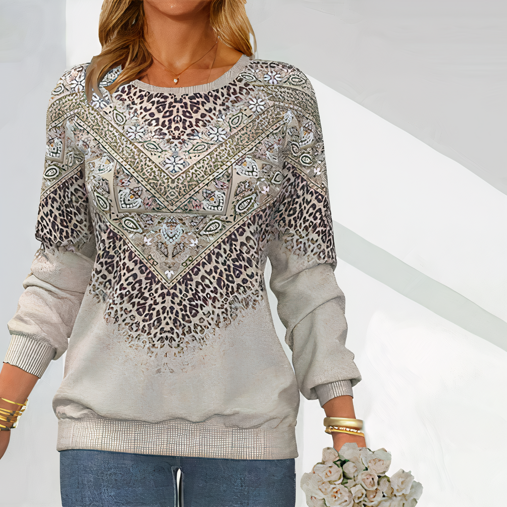 Light gray leopard print sweater with bandana yoke, ribbed cuffs and hem, crew neck