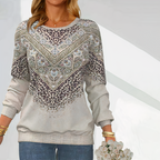 Light gray leopard print sweater with bandana yoke, ribbed cuffs and hem, crew neck