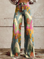 High-waist wide-leg pants with colorful floral and butterfly print, multicolor design