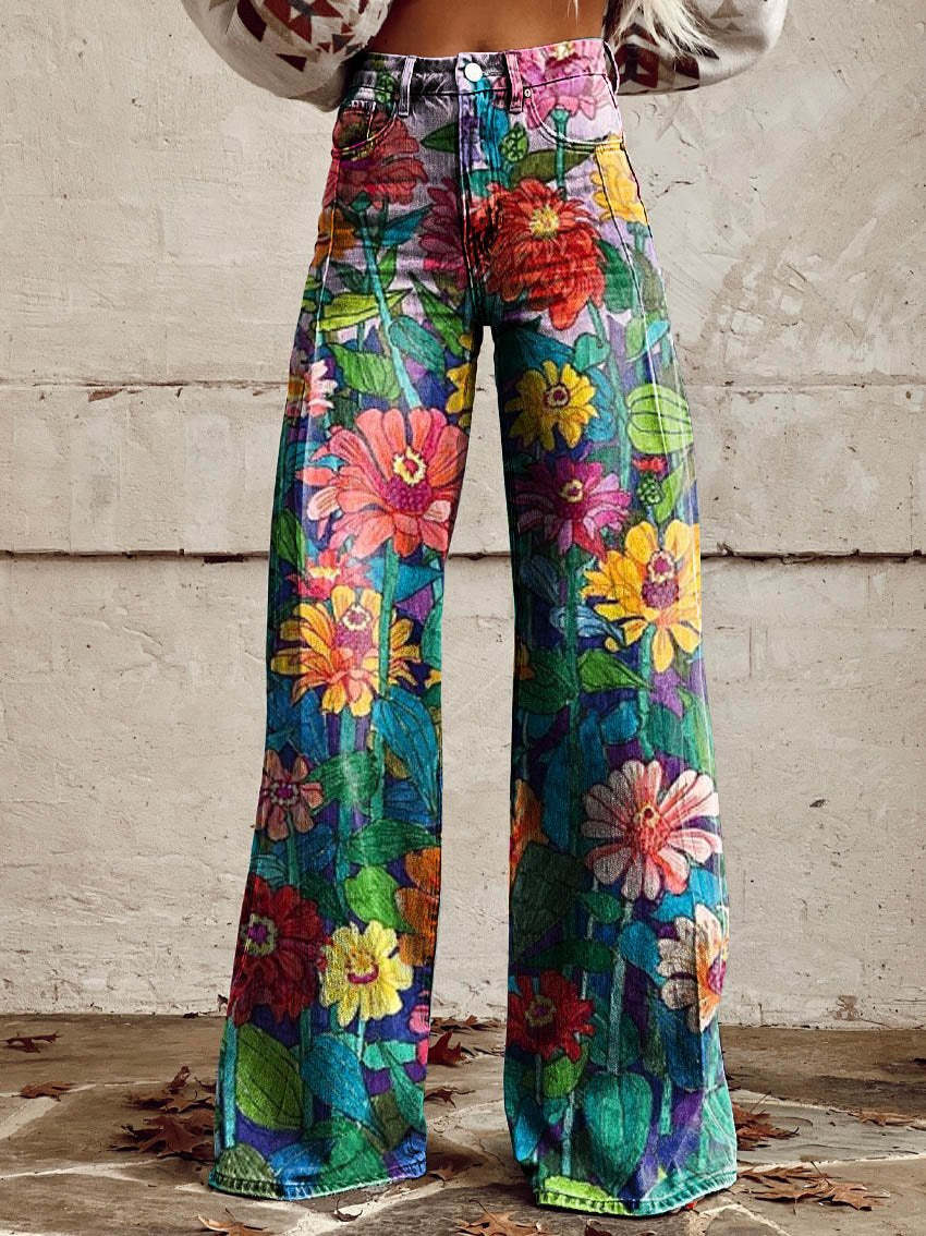 High-waist wide-leg pants with vibrant multi-floral print in blue, pink, and yellow