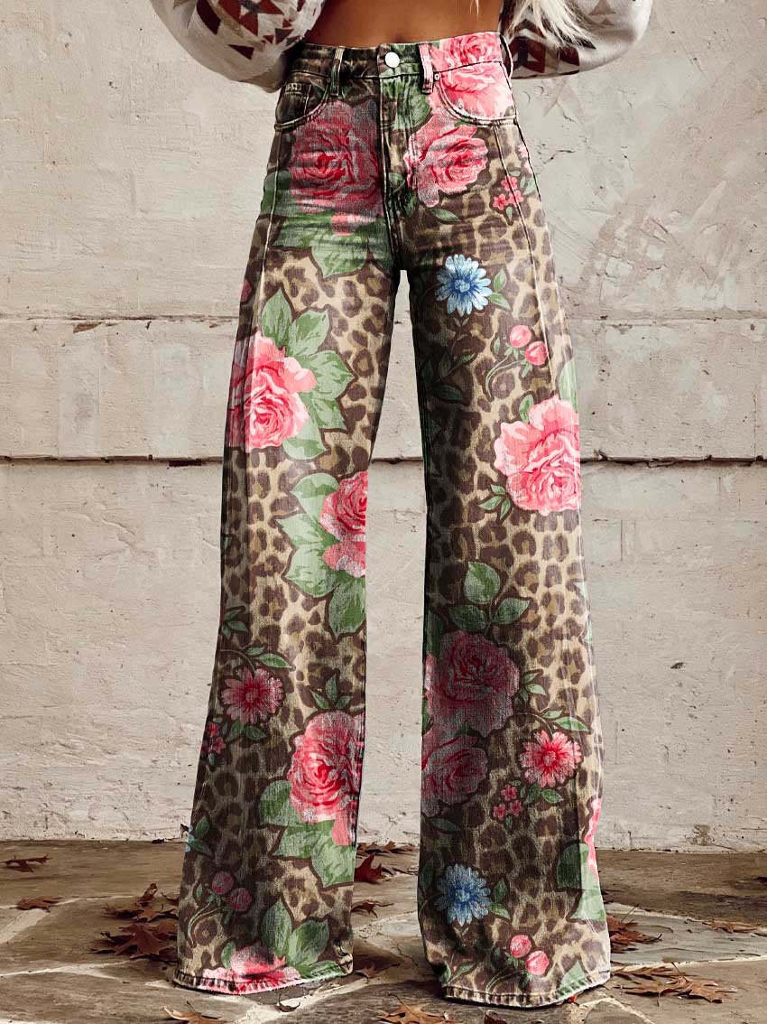 High-waist wide-leg pants with leopard pattern and large rose floral print in pink and green