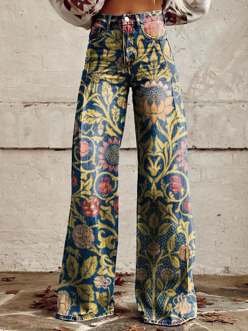 High-waist wide-leg pants with ornate floral and paisley print in navy and gold