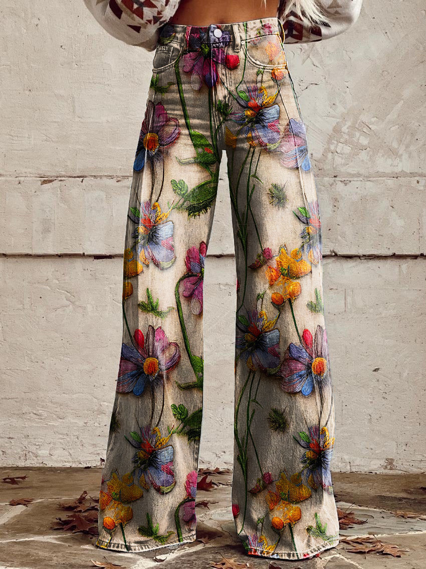 High-waist wide-leg pants with colorful butterfly and floral print on light base
