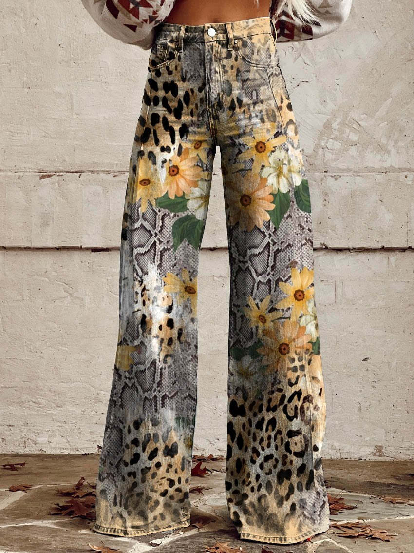 High-waist wide-leg pants with leopard spots and floral patchwork print, multicolor