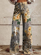 High-waist wide-leg pants with leopard spots and floral patchwork print, multicolor