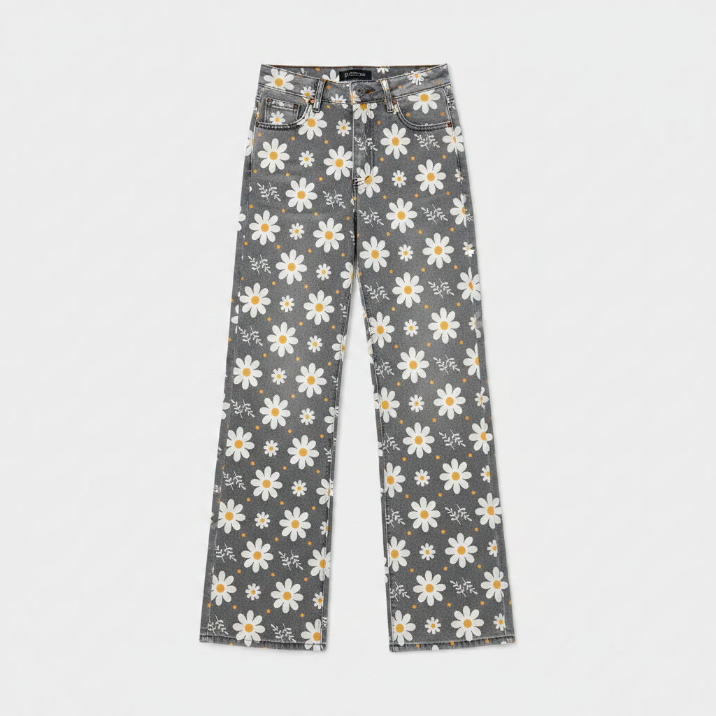 High-waist wide-leg pants with daisy print in white on dark gray fabric