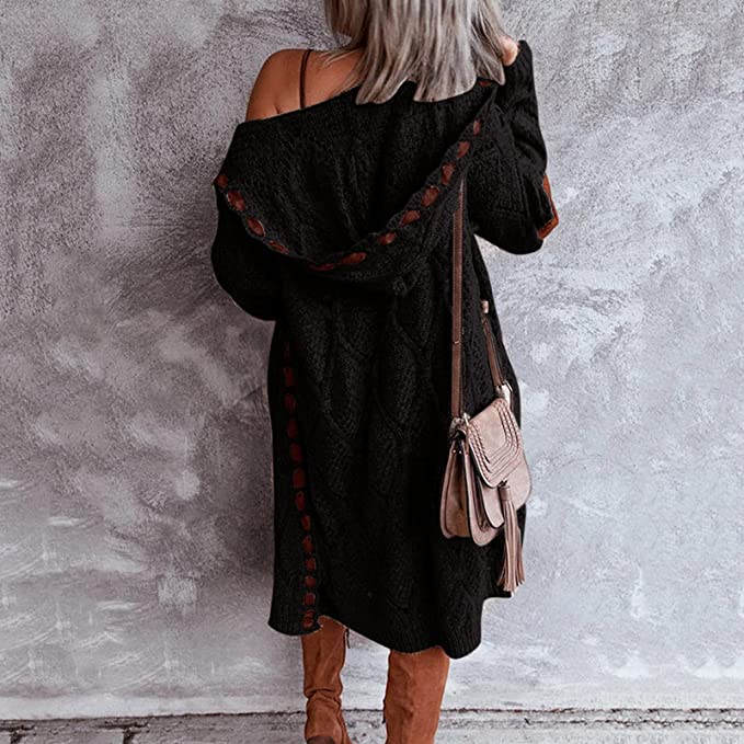 Long hooded knit cardigan with cutout trim, black textured knit and open front