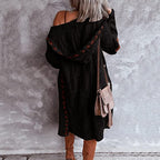 Long hooded knit cardigan with cutout trim, black textured knit and open front