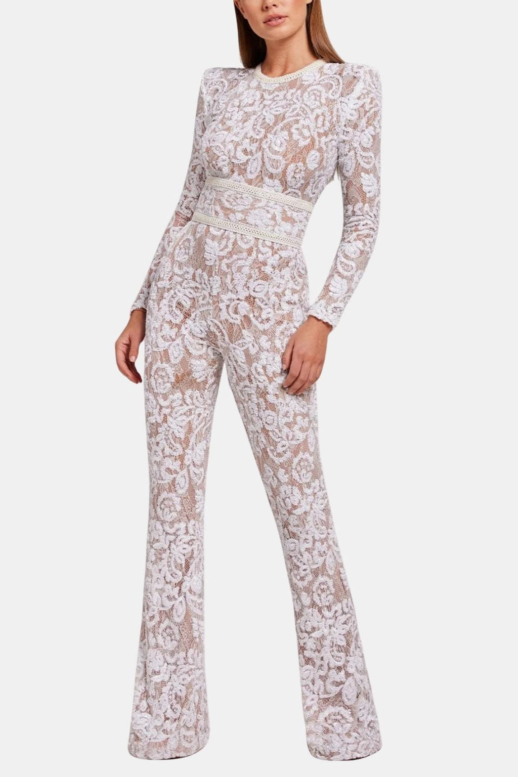 White lace long-sleeve jumpsuit with high waist and wide-leg pants