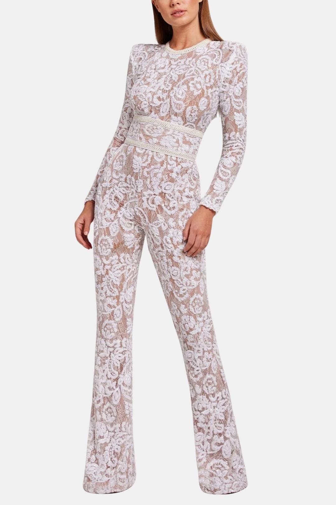 White lace long-sleeve jumpsuit with high waist and wide-leg pants