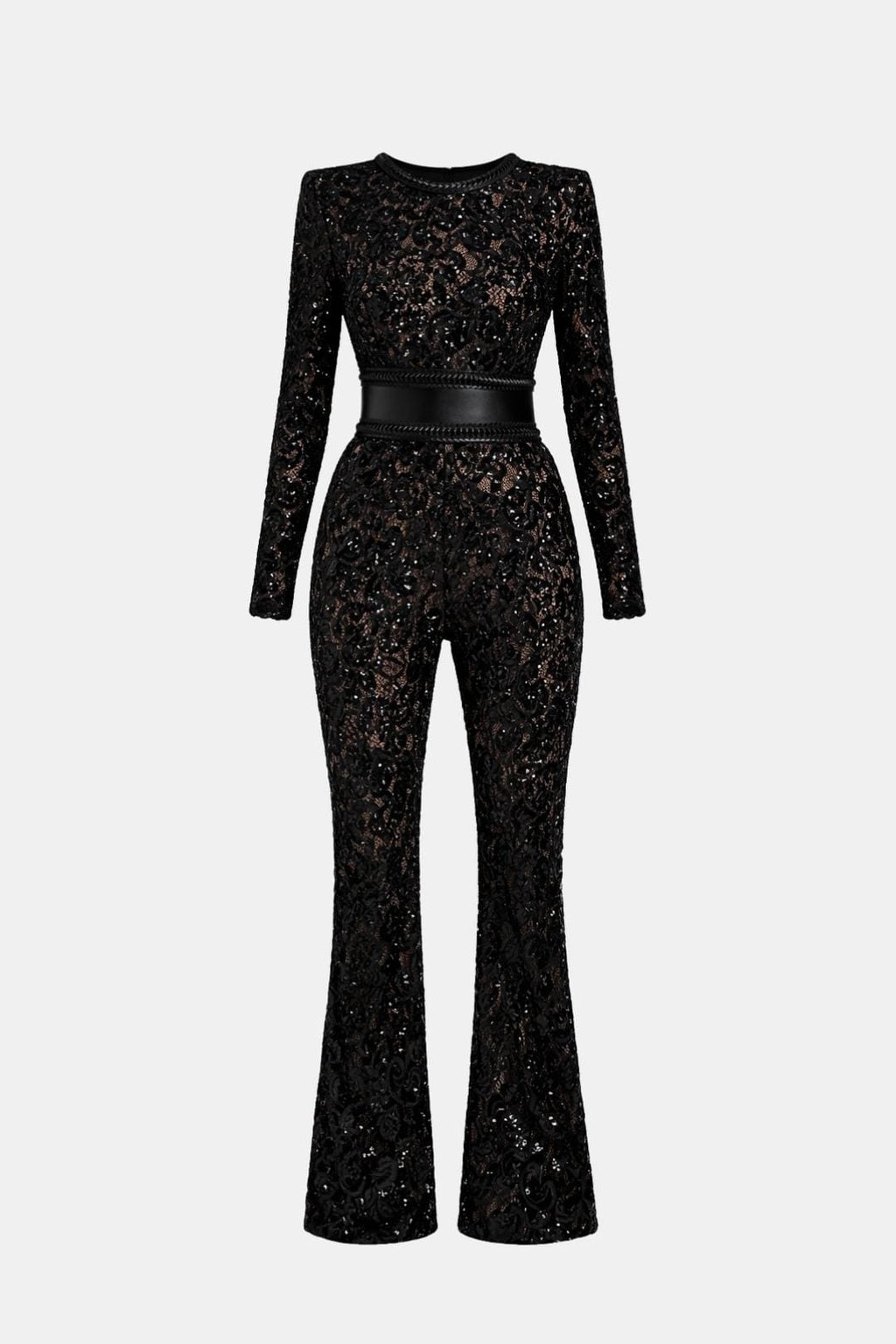 Black lace long-sleeve jumpsuit with fitted high waist and wide-leg pants