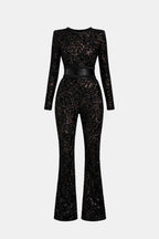 Black lace long-sleeve jumpsuit with fitted high waist and wide-leg pants
