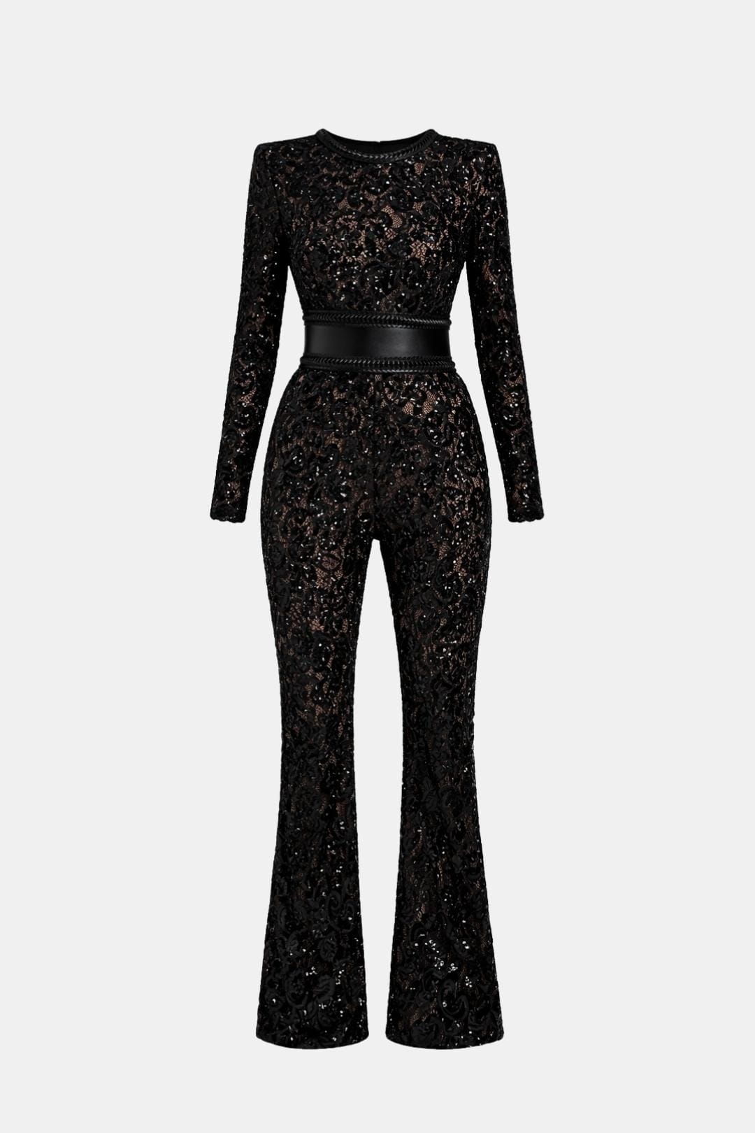 Black lace long-sleeve jumpsuit with fitted high waist and wide-leg pants